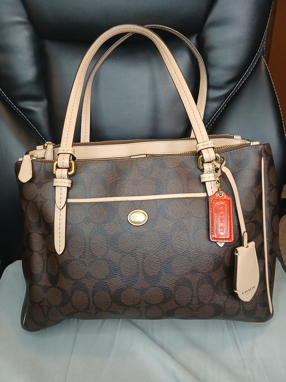 Coach Brown Signature Peyton Double Zip Tote with Beige Trim